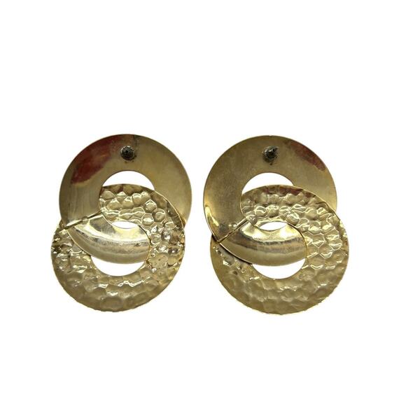 Vintage Goldtone Statement Earrings Hammered Pierced 2.2 Inch - Picture 3 of 5